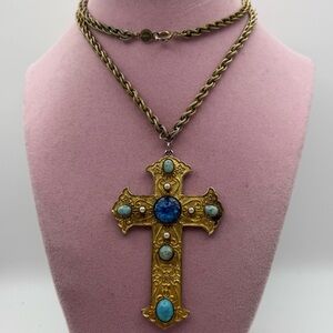 Vintage Accessocraft NYC Gold Cross Necklace with Turquoise and Pearl Accents